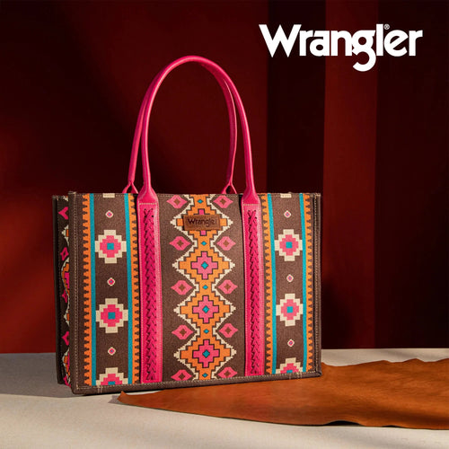 Wrangler Southwestern Pattern Dual Sided Print Canvas Wide Tote - Hot Pink - Cowhide and Conchos