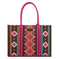 Wrangler Southwestern Pattern Dual Sided Print Canvas Wide Tote - Hot Pink - Cowhide and Conchos