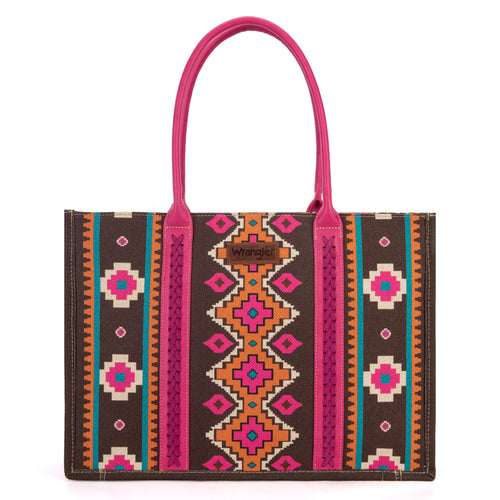 Wrangler Southwestern Pattern Dual Sided Print Canvas Wide Tote - Hot Pink - Cowhide and Conchos