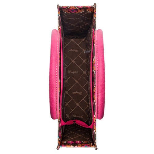 Wrangler Southwestern Pattern Dual Sided Print Canvas Wide Tote - Hot Pink - Cowhide and Conchos