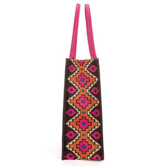 Wrangler Southwestern Pattern Dual Sided Print Canvas Wide Tote - Hot Pink - Cowhide and Conchos