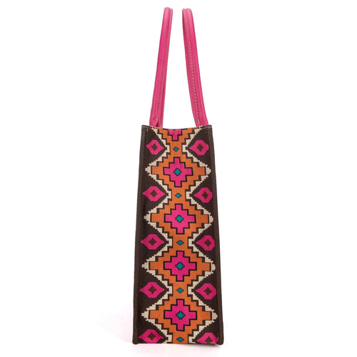 Wrangler Southwestern Pattern Dual Sided Print Canvas Wide Tote - Hot Pink - Cowhide and Conchos