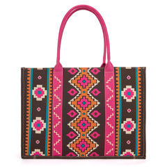 Wrangler Southwestern Pattern Dual Sided Print Canvas Wide Tote - Hot Pink - Cowhide and Conchos