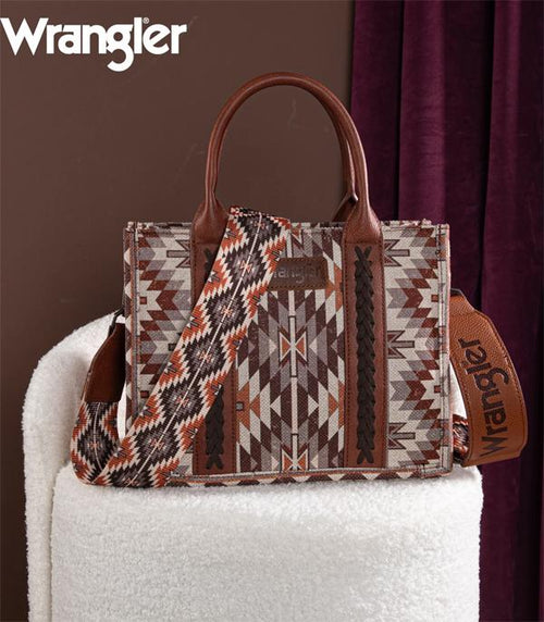 Wrangler Southwestern Pattern Dual Sided Print Tote/Crossbody - Brown - Cowhide and Conchos