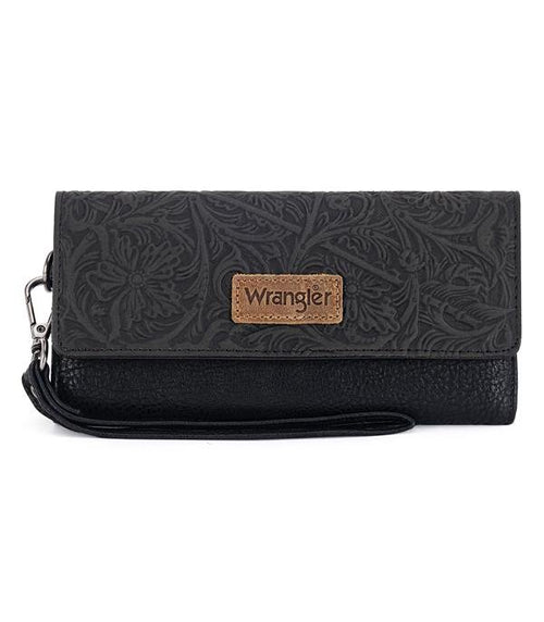 Wrangler Western Floral Tooled Tri - fold RFID Wallet/Wristlet - Black - Cowhide and Conchos