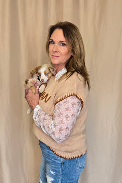 'YEEHAW' Contrast Stitched Sweater - Cowhide and Conchos