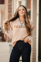 'YEEHAW' Contrast Stitched Sweater - Cowhide and Conchos
