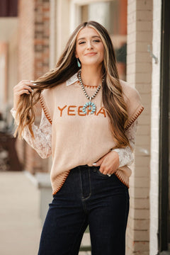 'YEEHAW' Contrast Stitched Sweater - Cowhide and Conchos