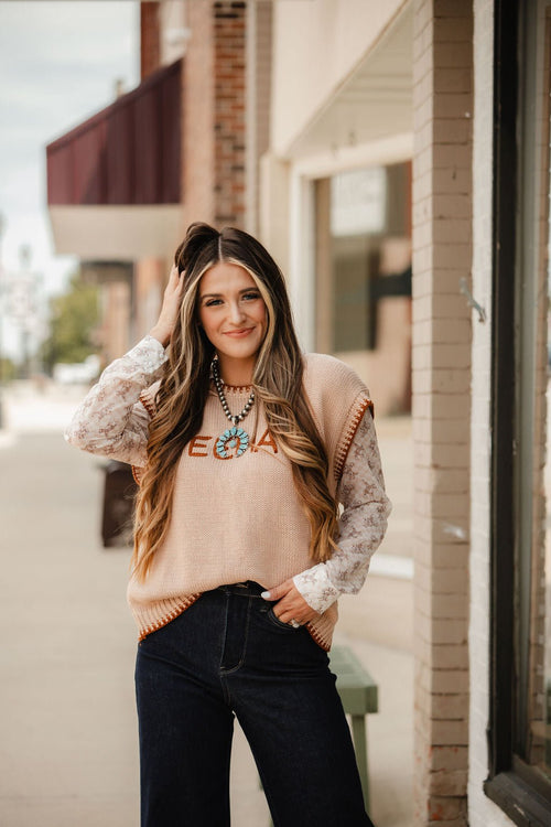 'YEEHAW' Contrast Stitched Sweater - Cowhide and Conchos