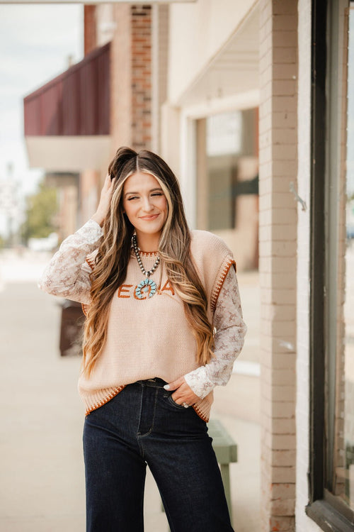 'YEEHAW' Contrast Stitched Sweater - Cowhide and Conchos