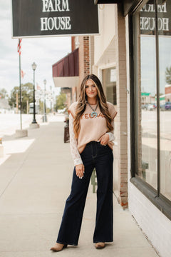 'YEEHAW' Contrast Stitched Sweater - Cowhide and Conchos