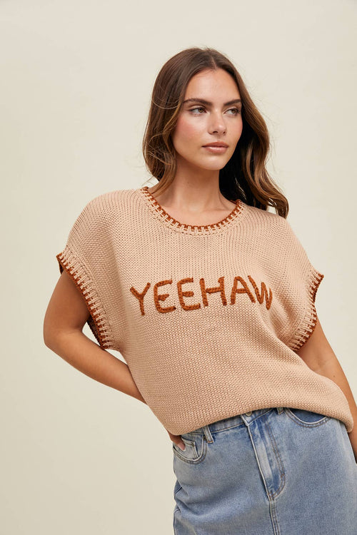 'YEEHAW' Contrast Stitched Sweater - Cowhide and Conchos