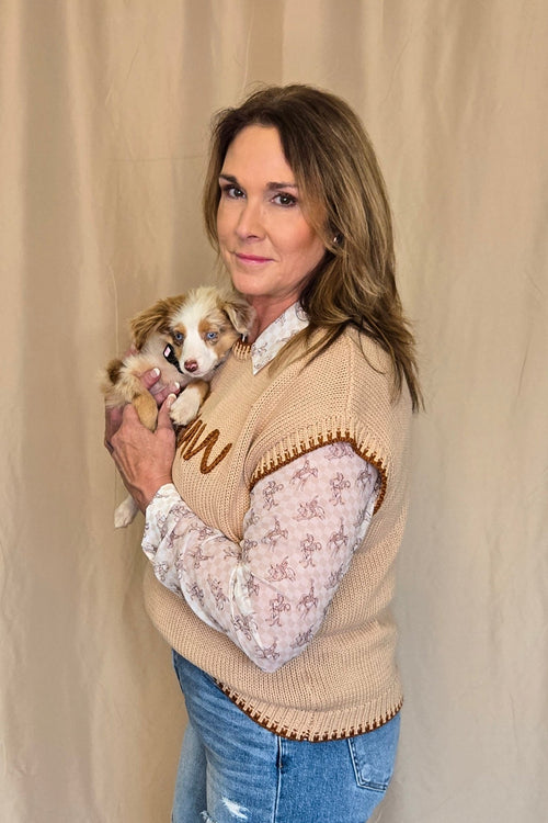 'YEEHAW' Contrast Stitched Sweater - Cowhide and Conchos