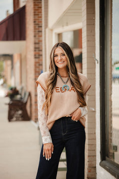 'YEEHAW' Contrast Stitched Sweater - Cowhide and Conchos