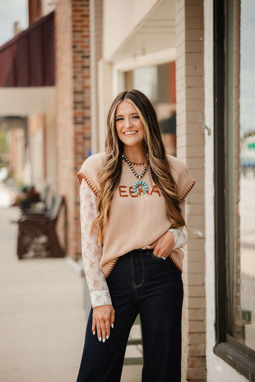 'YEEHAW' Contrast Stitched Sweater - Cowhide and Conchos