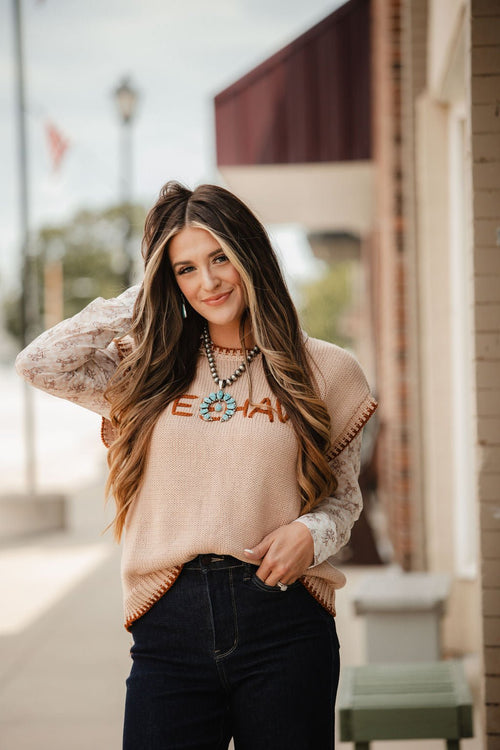 'YEEHAW' Contrast Stitched Sweater - Cowhide and Conchos