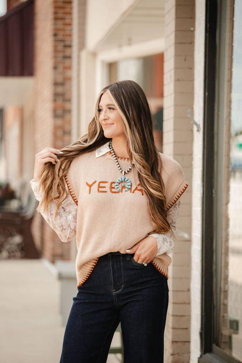 'YEEHAW' Contrast Stitched Sweater - Cowhide and Conchos