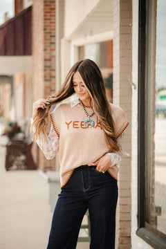 'YEEHAW' Contrast Stitched Sweater - Cowhide and Conchos