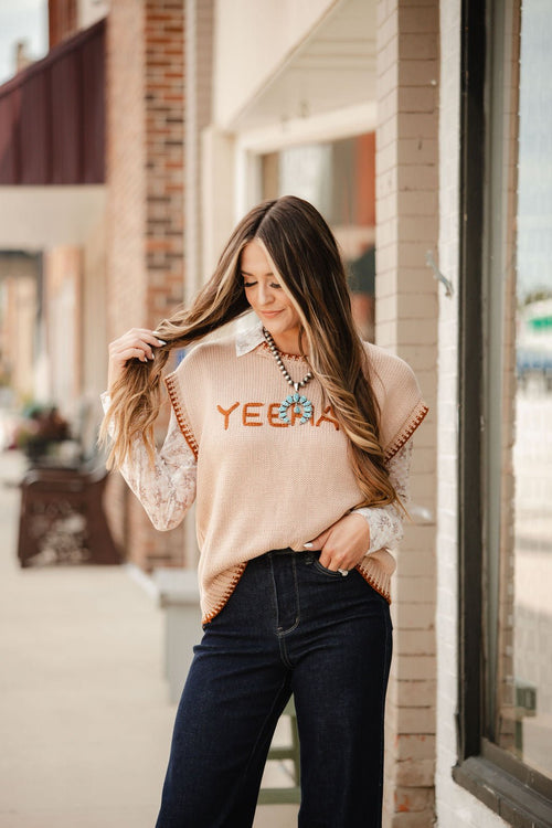'YEEHAW' Contrast Stitched Sweater - Cowhide and Conchos