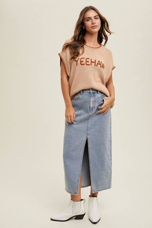 'YEEHAW' Contrast Stitched Sweater - Cowhide and Conchos