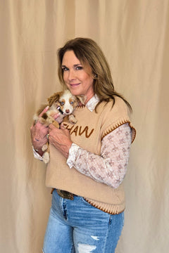 'YEEHAW' Contrast Stitched Sweater - Cowhide and Conchos