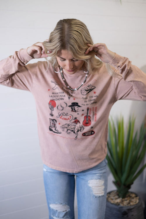 Yeehaw Cowboy Long Sleeve T-Shirt - Cowhide and Conchos