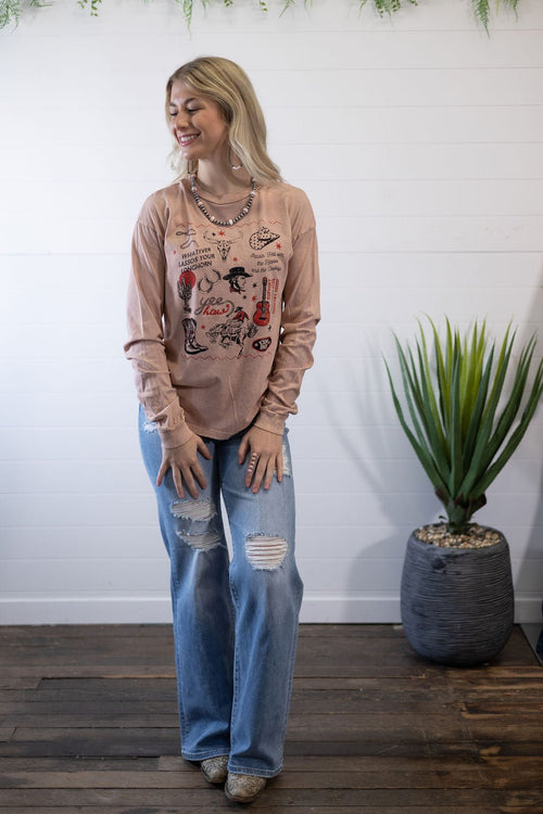 Yeehaw Cowboy Long Sleeve T-Shirt - Cowhide and Conchos