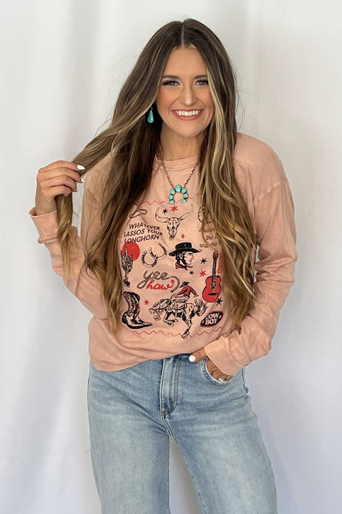 Yeehaw Cowboy Long Sleeve T-Shirt - Cowhide and Conchos