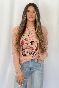 Yeehaw Cowboy Long Sleeve T-Shirt - Cowhide and Conchos