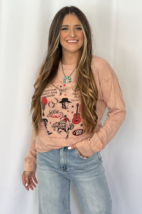Yeehaw Cowboy Long Sleeve T-Shirt - Cowhide and Conchos