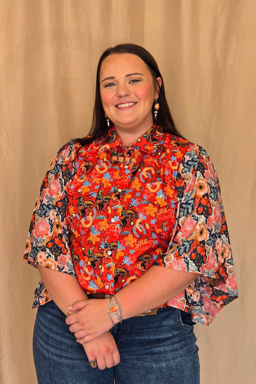 YeeHaw Red Blouse - Cowhide and Conchos
