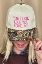 You Look Like You Love Me Embroidered Camo Trucker - Cowhide and Conchos