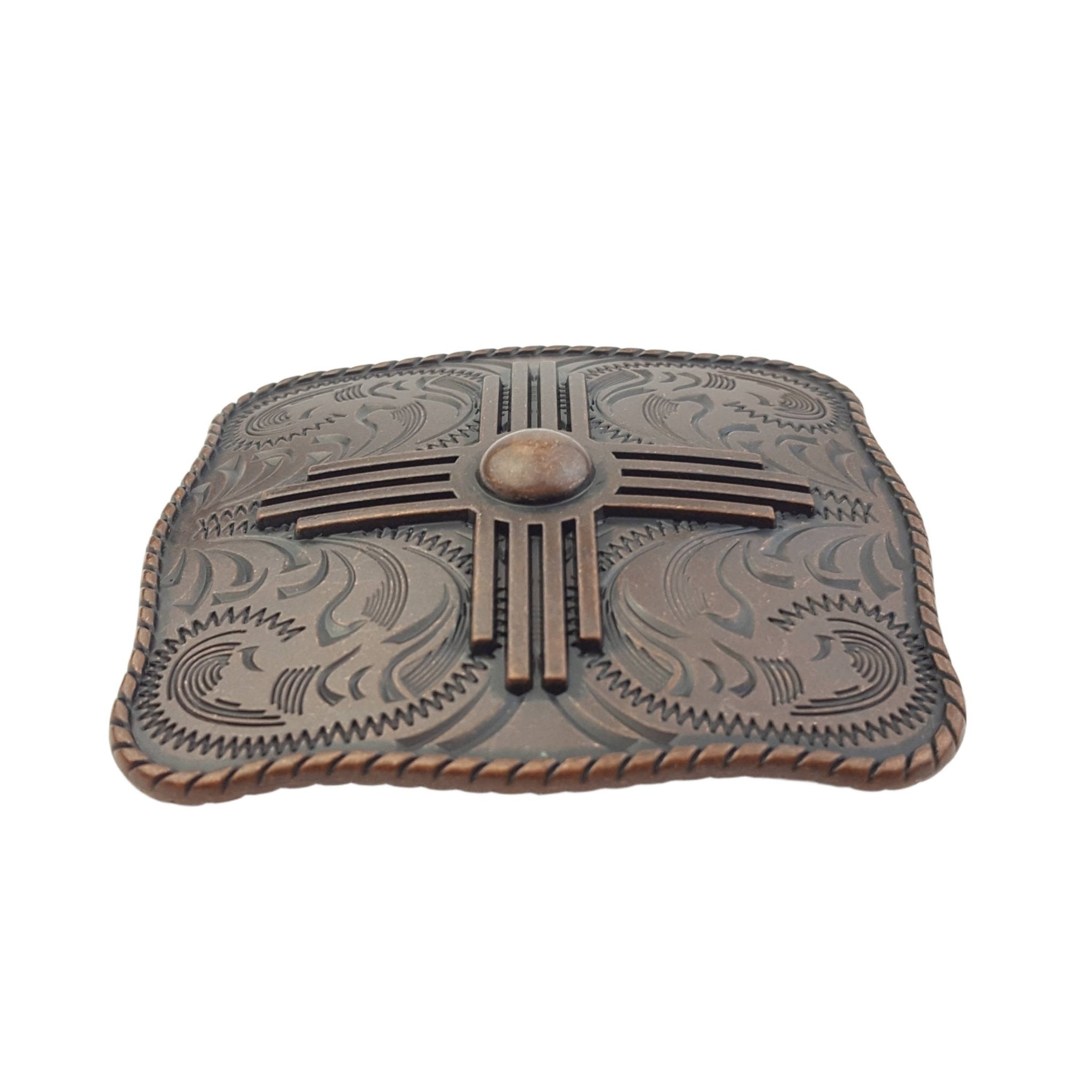 Zia Square Western Belt Buckle — Vintage Copper Finish with Rope Edge & Etched Details (Fits 1.5" Belt, Buckle Only) - Cowhide and Conchos