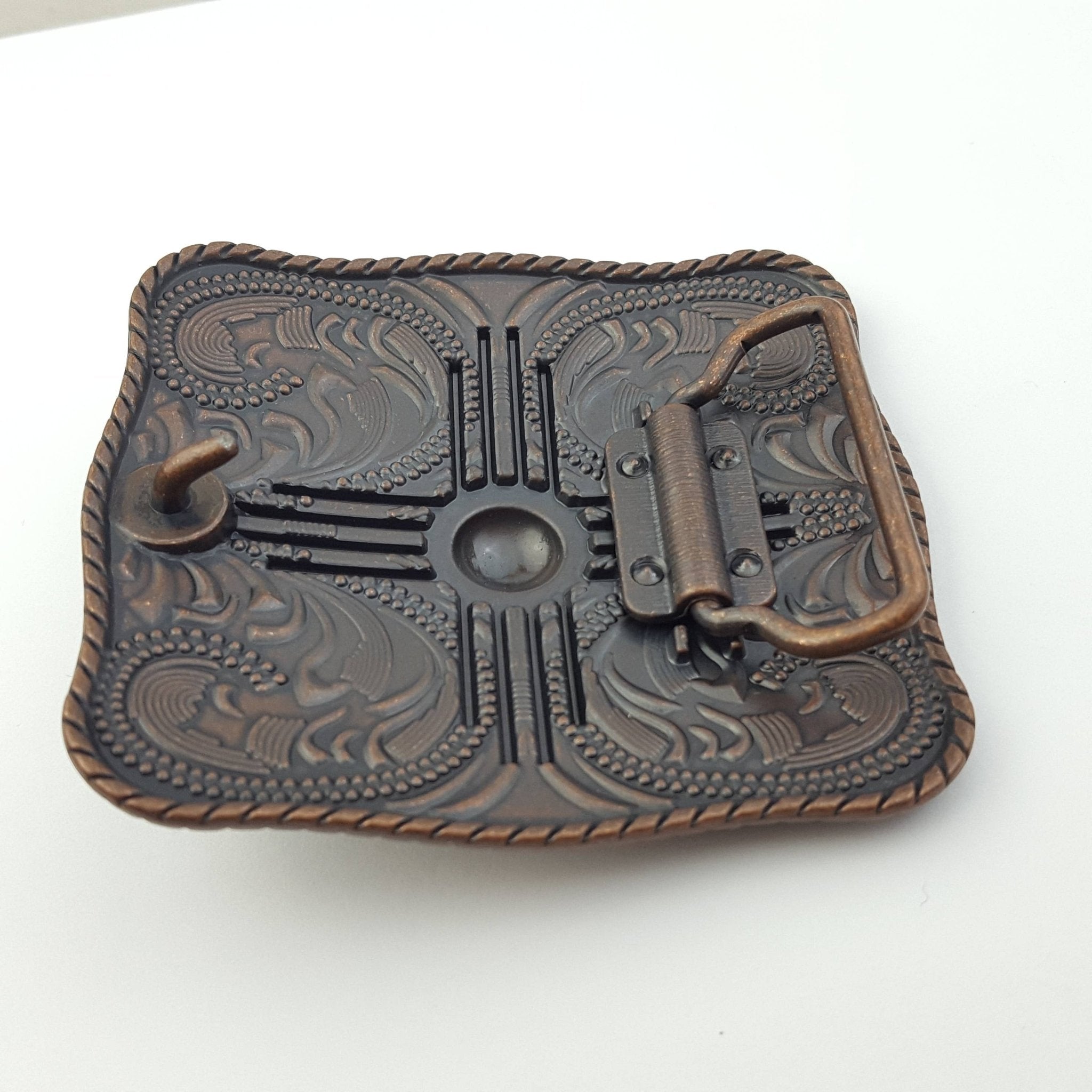 Zia Square Western Belt Buckle — Vintage Copper Finish with Rope Edge & Etched Details (Fits 1.5" Belt, Buckle Only) - Cowhide and Conchos