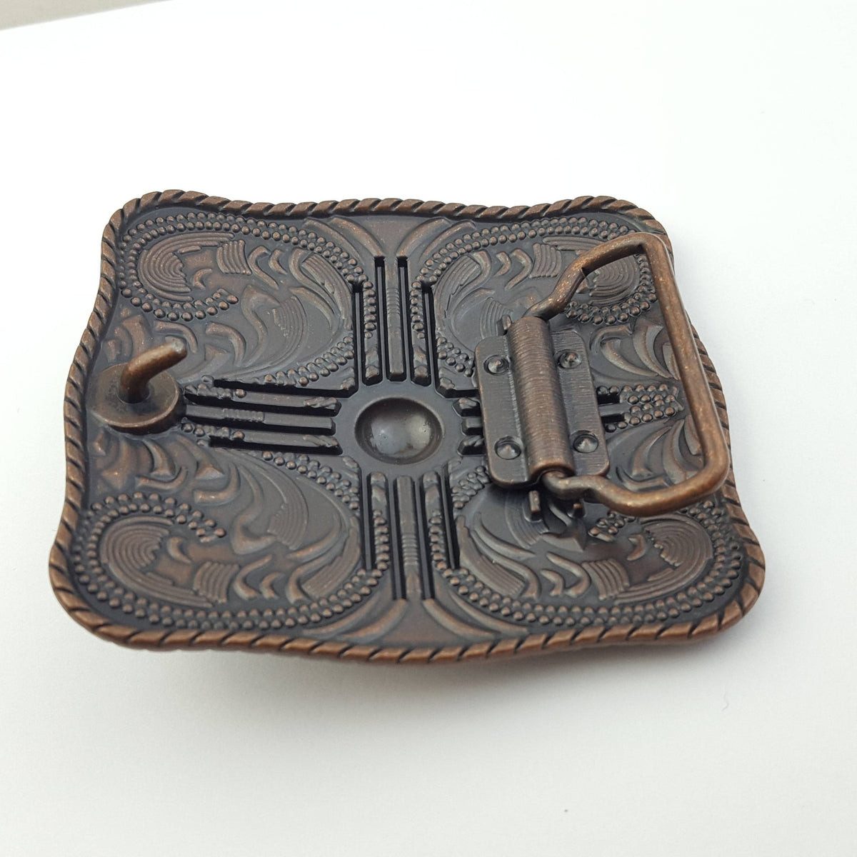 Zia Square Western Belt Buckle — Vintage Copper Finish with Rope Edge & Etched Details (Fits 1.5" Belt, Buckle Only) - Cowhide and Conchos