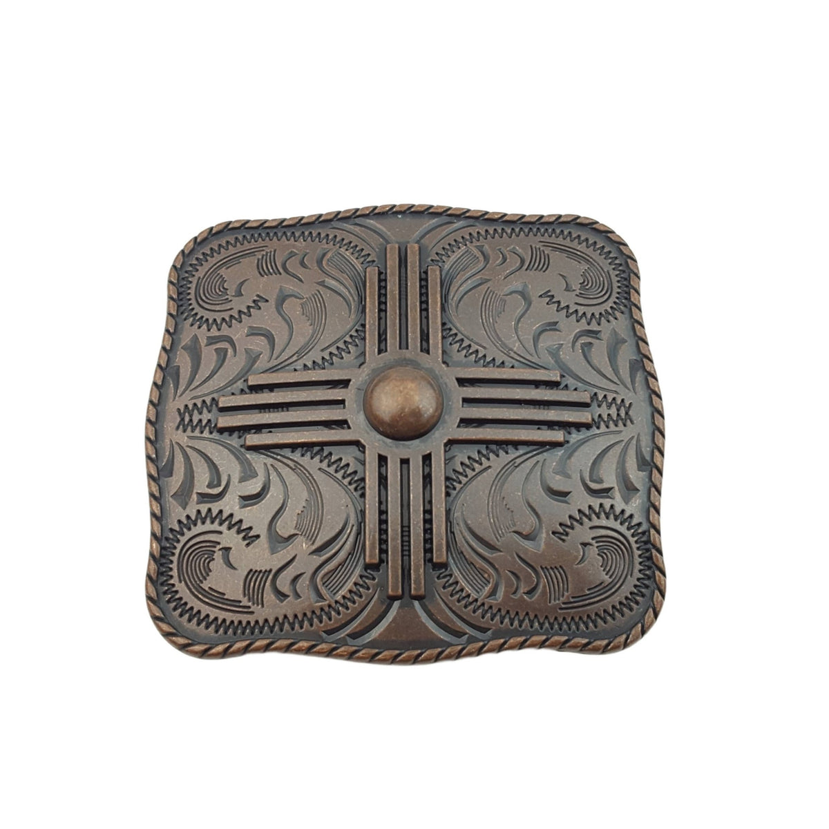 Zia Square Western Belt Buckle — Vintage Copper Finish with Rope Edge & Etched Details (Fits 1.5" Belt, Buckle Only) - Cowhide and Conchos