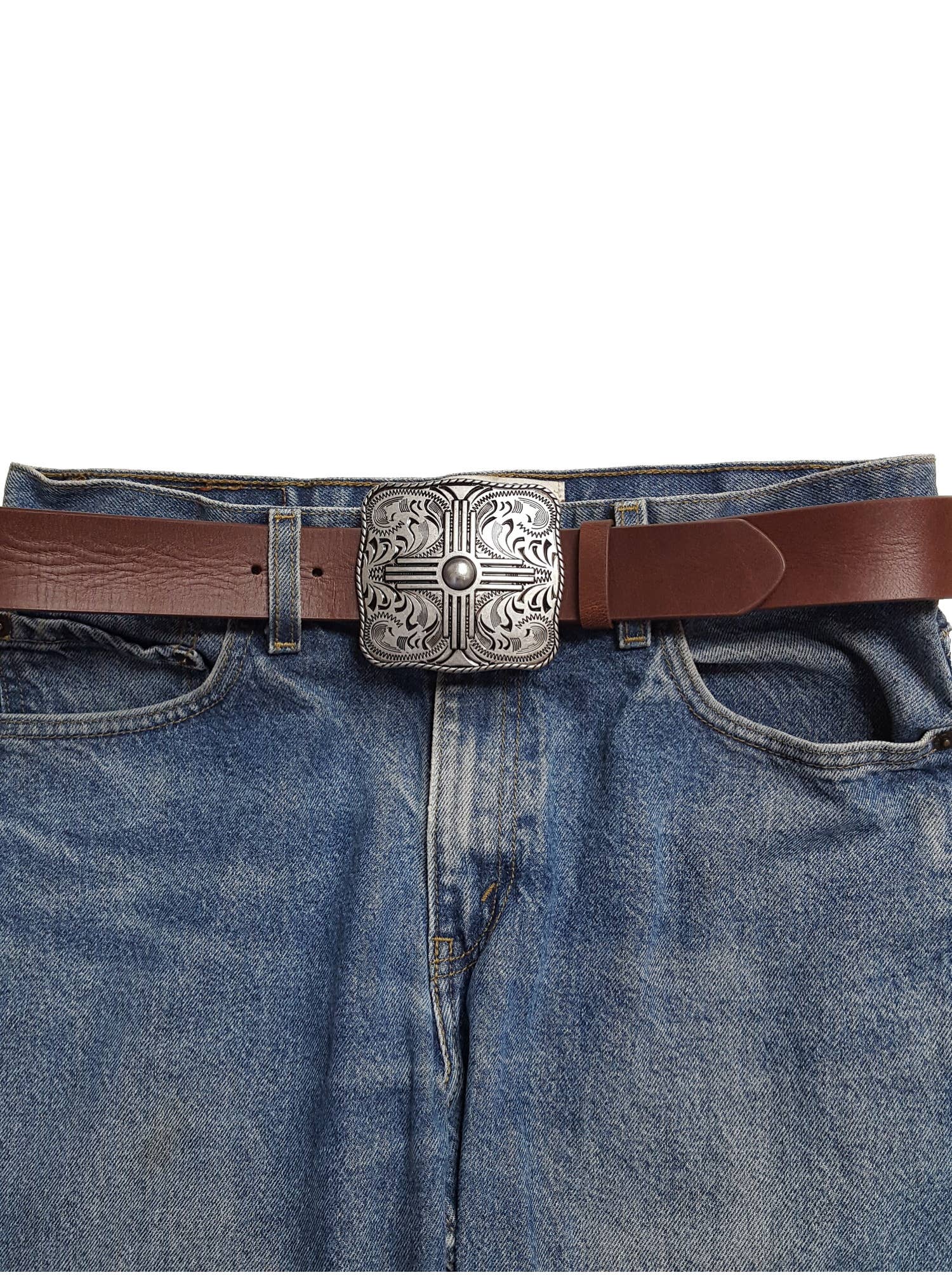 Zia Western Belt Buckle - Cowhide and Conchos