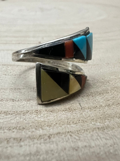 Zuni Handmade Multi Stone Adjustable Ring by Tammie Qualo - Cowhide and Conchos