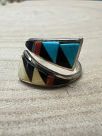 Zuni Handmade Multi Stone Adjustable Ring by Tammie Qualo - Cowhide and Conchos