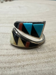 Zuni Handmade Multi Stone Adjustable Ring by Tammie Qualo - Cowhide and Conchos