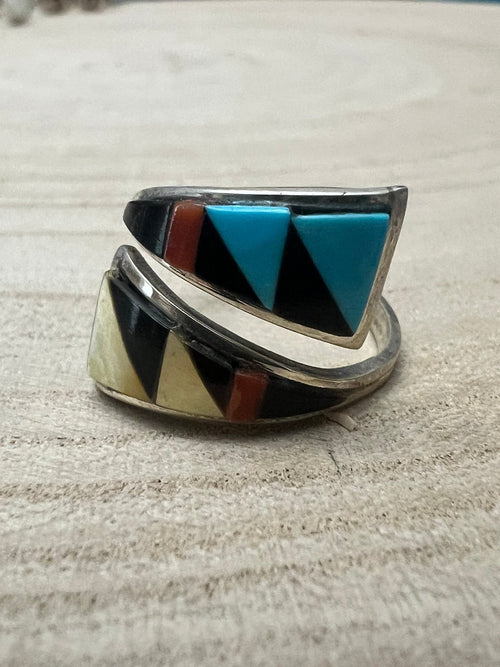 Zuni Handmade Multi Stone Adjustable Ring by Tammie Qualo - Cowhide and Conchos