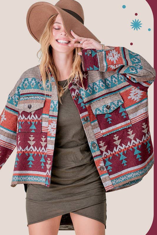 Wine Aztec Pattern Jacket – Cowhide and Conchos