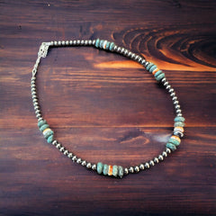 4mm Sterling Pearl and genuine turquoise and spiny choker - 14 inch - Cowhide and Conchos