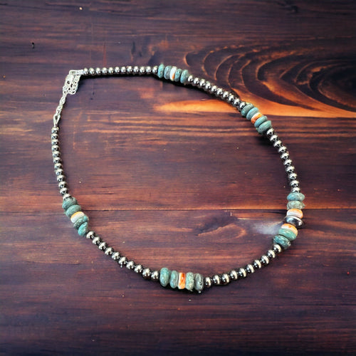 4mm Sterling Pearl and genuine turquoise and spiny choker - 14 inch - Cowhide and Conchos