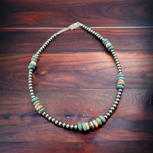 4mm Sterling Pearl and genuine turquoise and spiny choker - 14 inch - Cowhide and Conchos