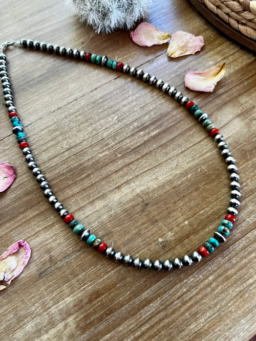 6mm Sterling Silver Pearl necklace with turquoise and coral - 19 inch