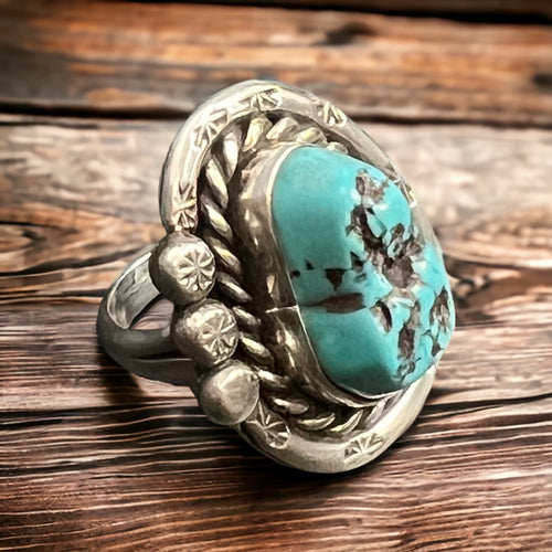 Turquoise ring - Large turquoise nugget on hand stamped sterling silver - Size 6 - Hallmark B. Chapo