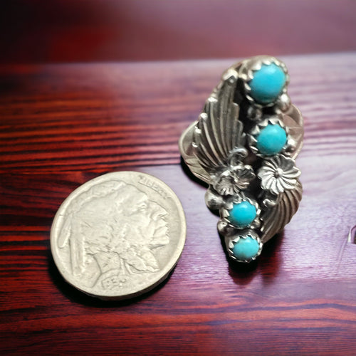 Alice R. Saunders Turquoise & Sterling Silver Ring Size 8.25 - Cowhide and Conchos