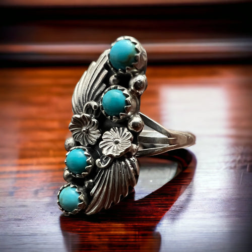 Alice R. Saunders Turquoise & Sterling Silver Ring Size 8.25 - Cowhide and Conchos
