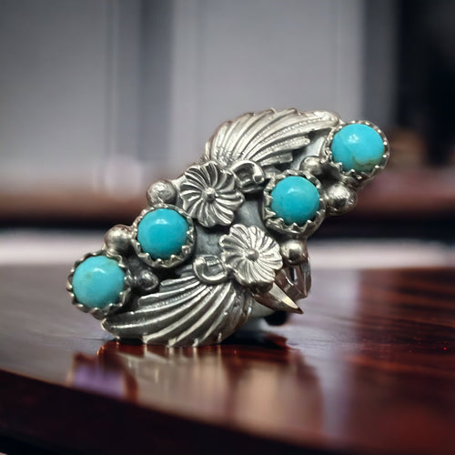 Alice R. Saunders Turquoise & Sterling Silver Ring Size 8.25 - Cowhide and Conchos